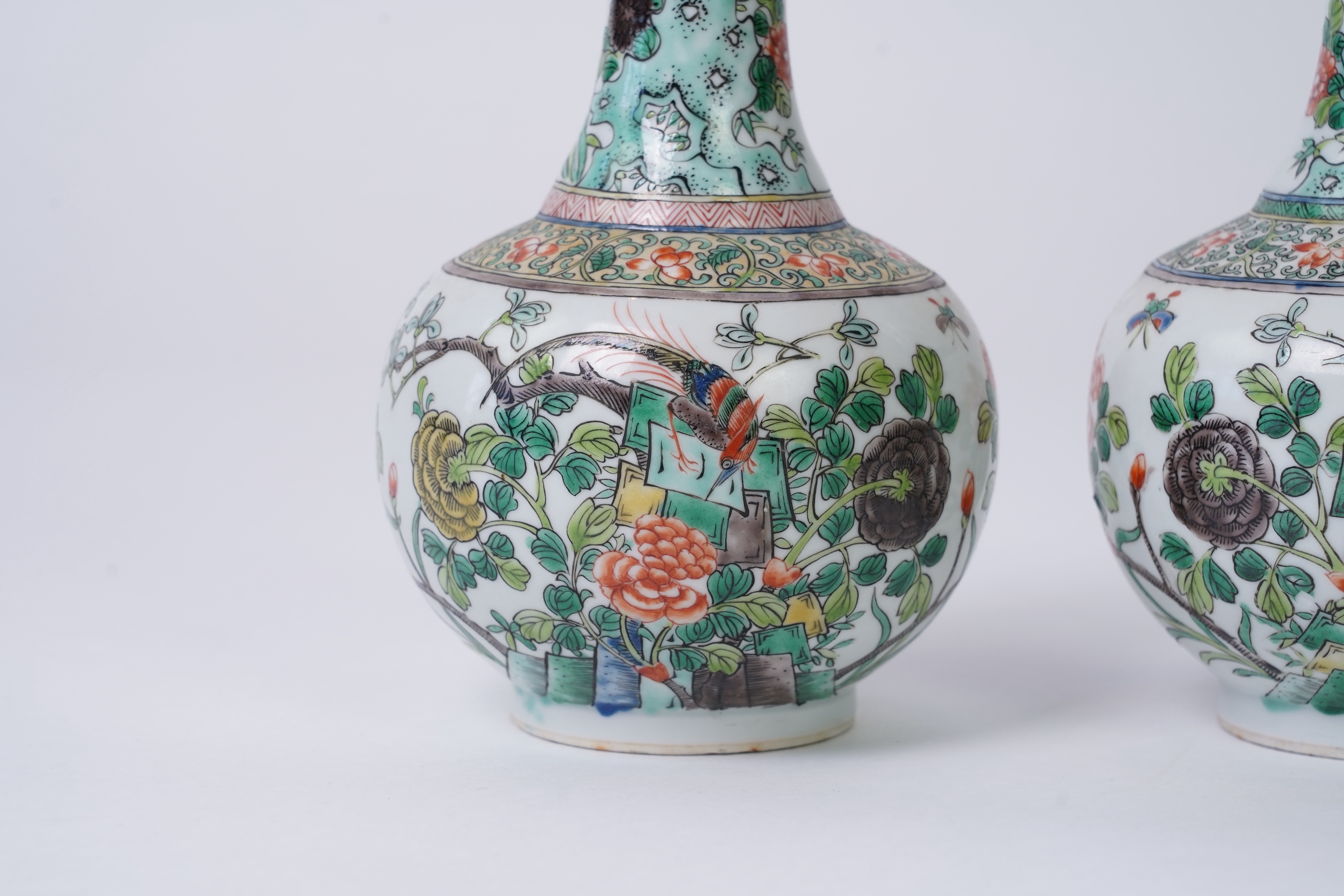 A pair of Chinese famille verte bottle vases, early 20th century
